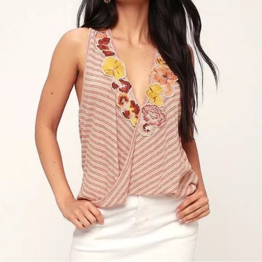 Free People Frida Orange & Beige Striped Floral Appliqué TankTop-Size medium